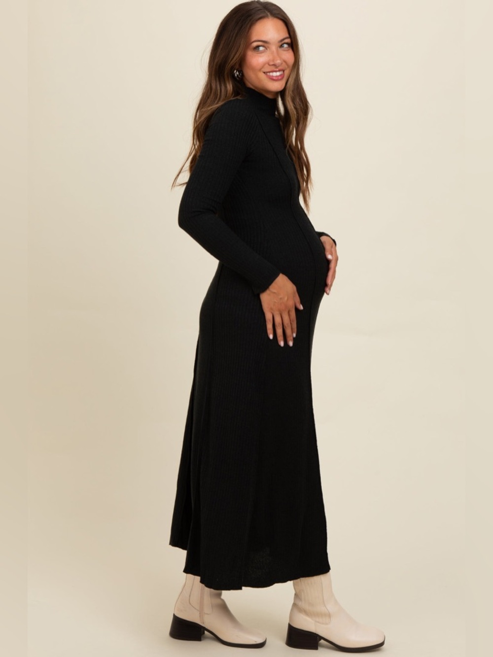 Tea n Rose Black Ribbed Long-Sleeve Maternity Maxi Dress Size Small